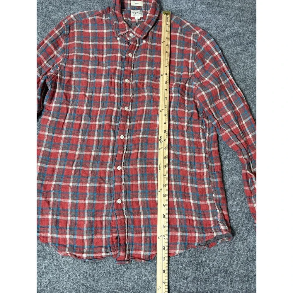 J.CREW Shirt Mens L Red Plaid Long Sleeve Flannel Button-Up Slim Casual Cotton